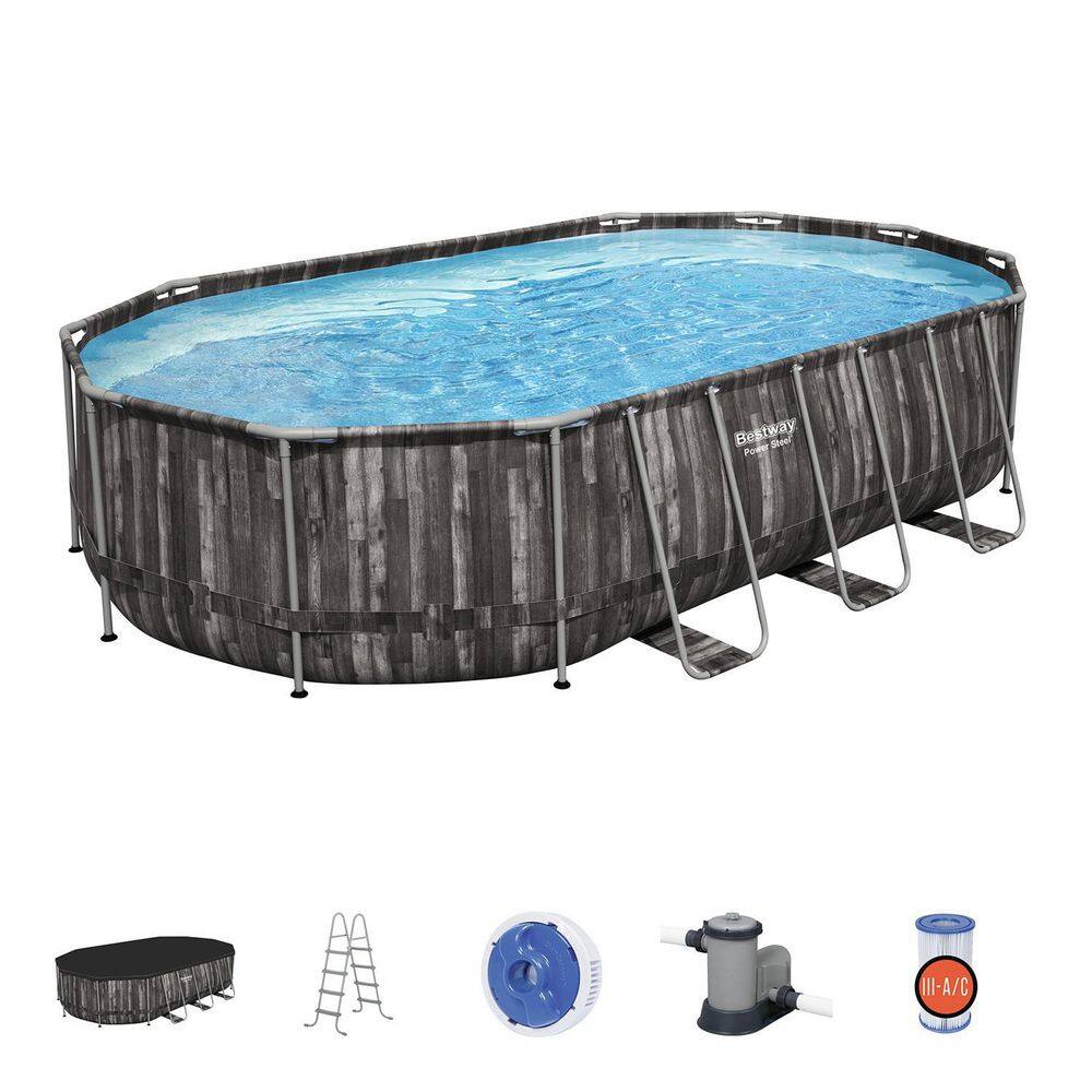 Bestway 20 ft. x 12 ft. Oval 48 in. Deep Metal Frame Above Ground Outdoor Swimming Pool Set 5611SE-BW