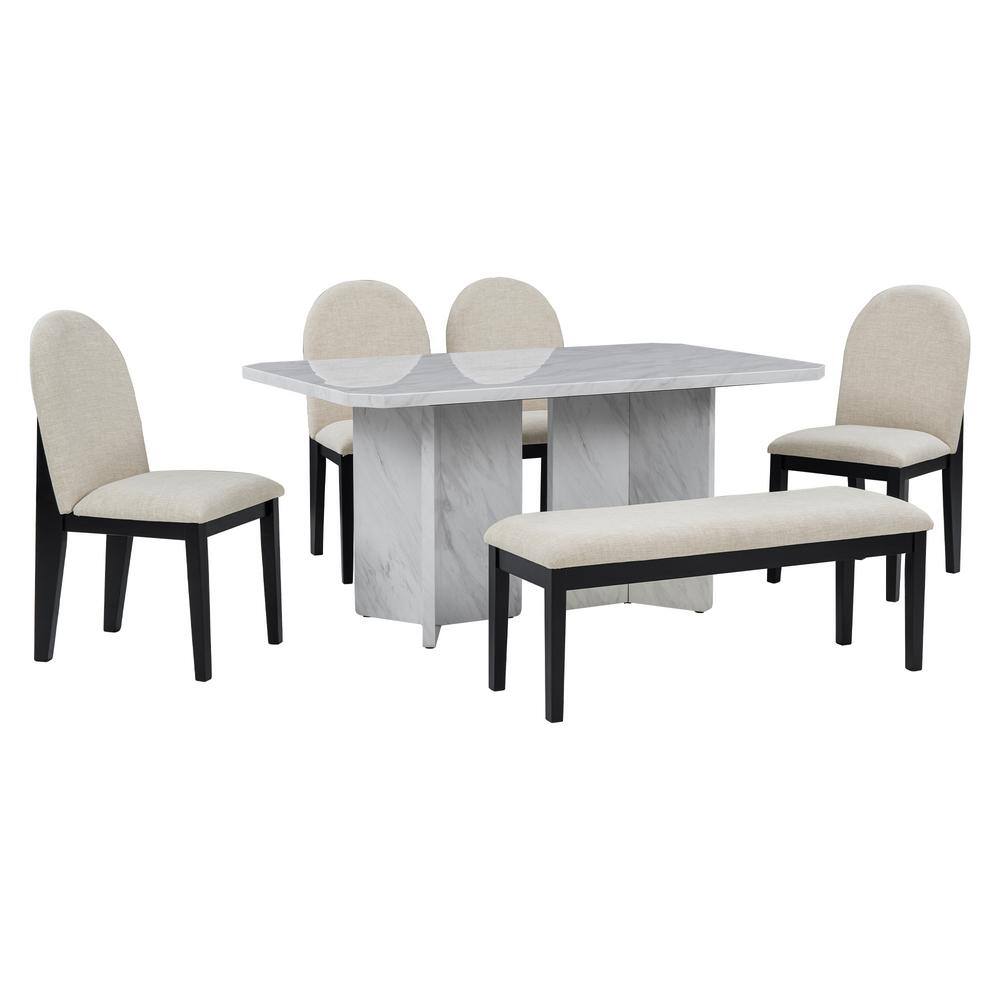 Harper  Bright Designs Modern Style 6-Piece White Rectangular Faux Marble Top Dining Table Set Seats-6 with 4-Upholstered Chairs and Bench XW062AAK