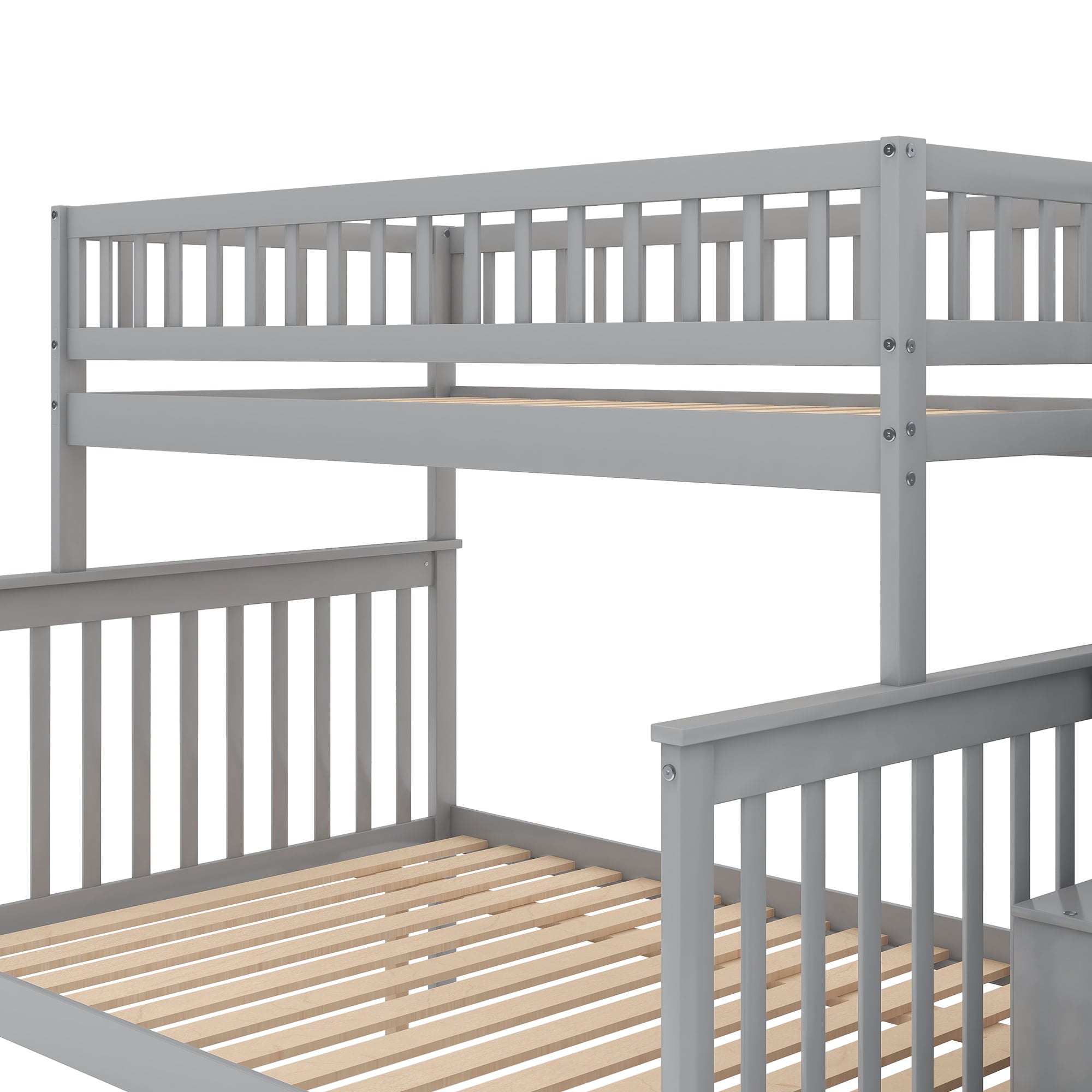 Twin over Full Bunk Bed with Stairs and Storage for Kids, Gray