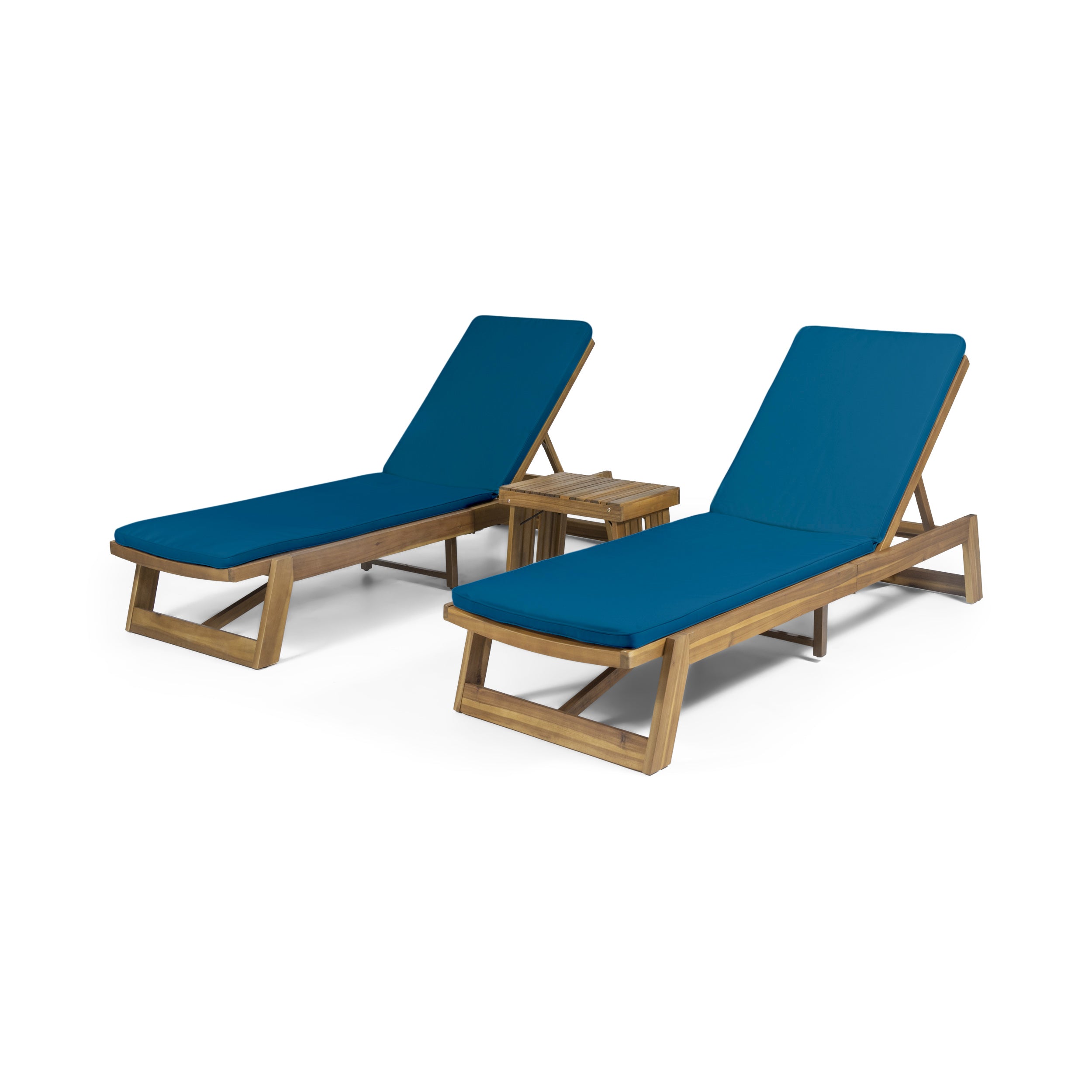 Karyme Outdoor Acacia Wood 3 Piece Chaise Lounge Set with Water-Resistant Cushions