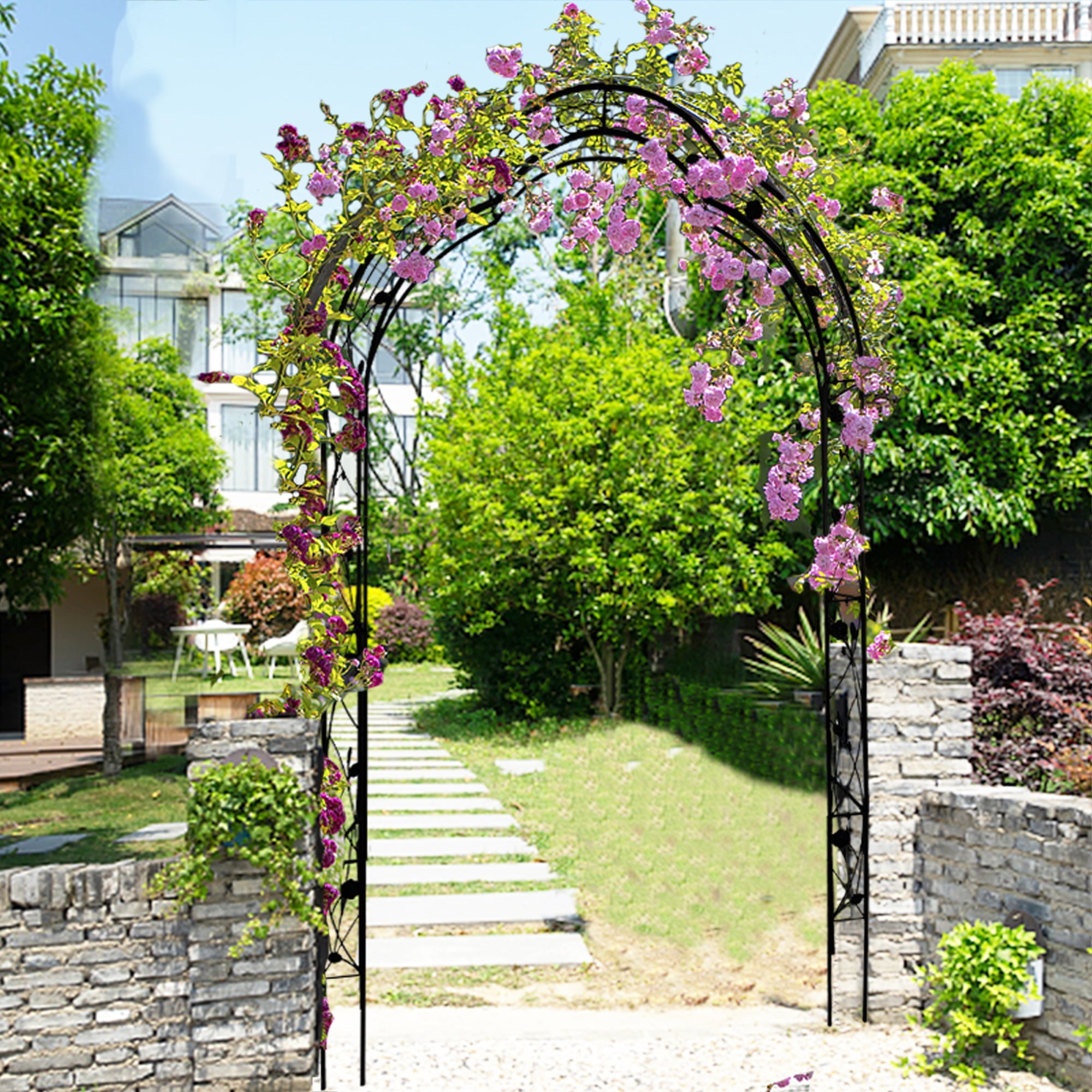 Garden Arch Trellis with Ground Stakes, Metal Archway for Climbing Plants, Black Yard Lawn Arbors and Trellises, 59