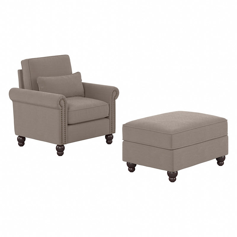 Coventry Accent Chair with Ottoman Set in Tan Microsuede Fabric