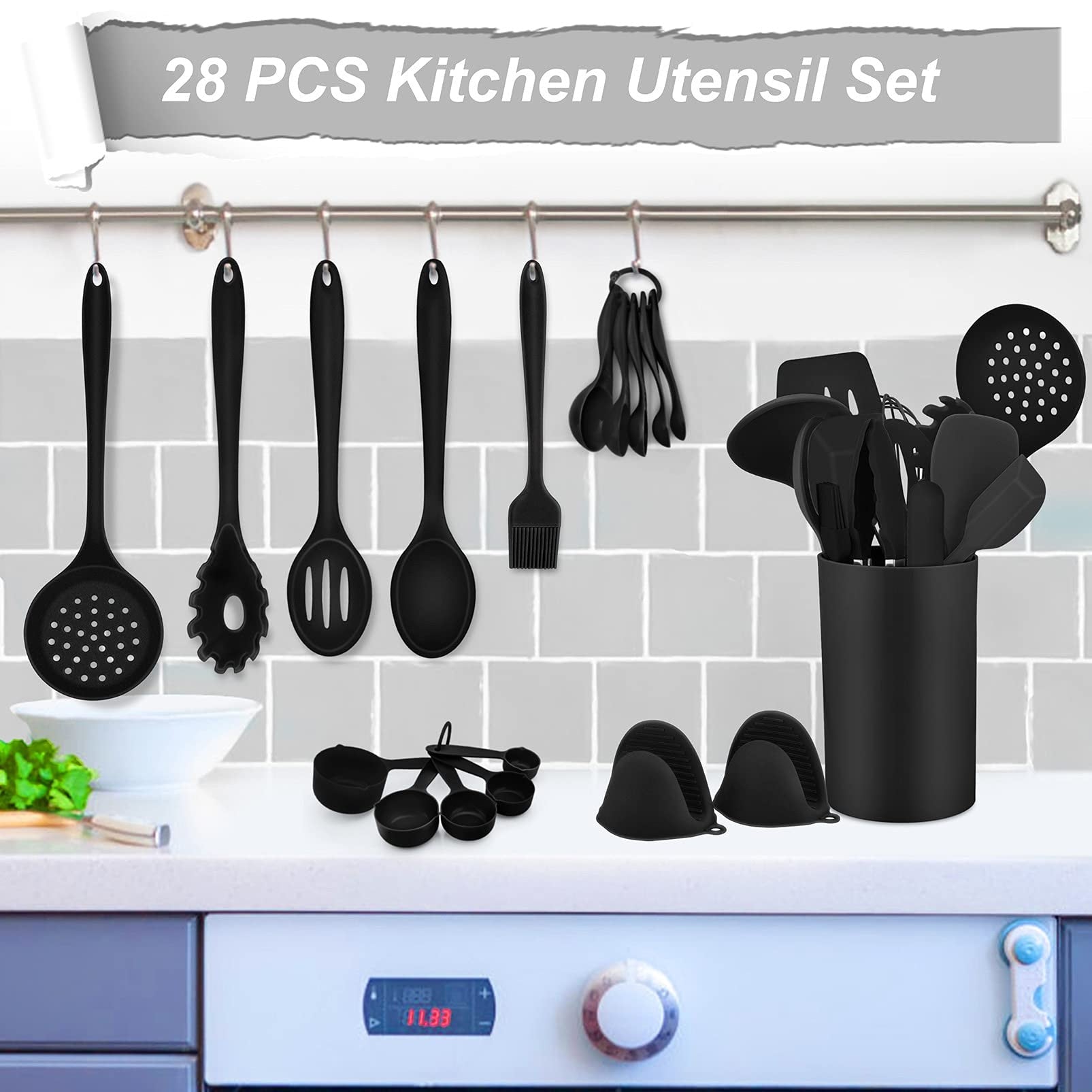 Wamarket 28 PCS Black Silicone Kitchen Cooking Baking Utensil Set for Nonstick Cookware, Heat-Resistant & Non-Stick, Non-Toxic & Dishwasher Safe