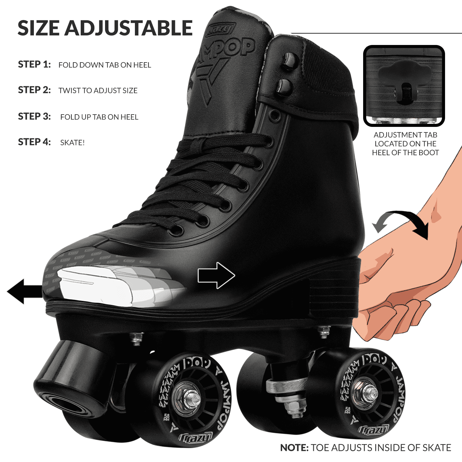 Crazy Skates Adjustable Roller Skates for Boys and Girls - Jam Pop Series - Size Adjustable to Fit 4 Sizes