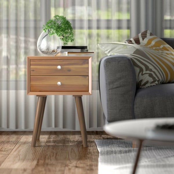 Wooden Nightstand Mid-Century End Side Table with 2 Storage Drawers-Natural - 16