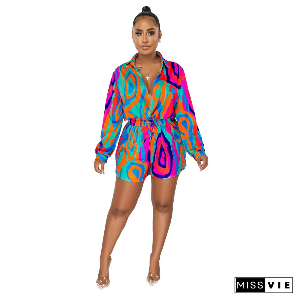 Turn Down Collar Causal Long Sleeve Print Rompers