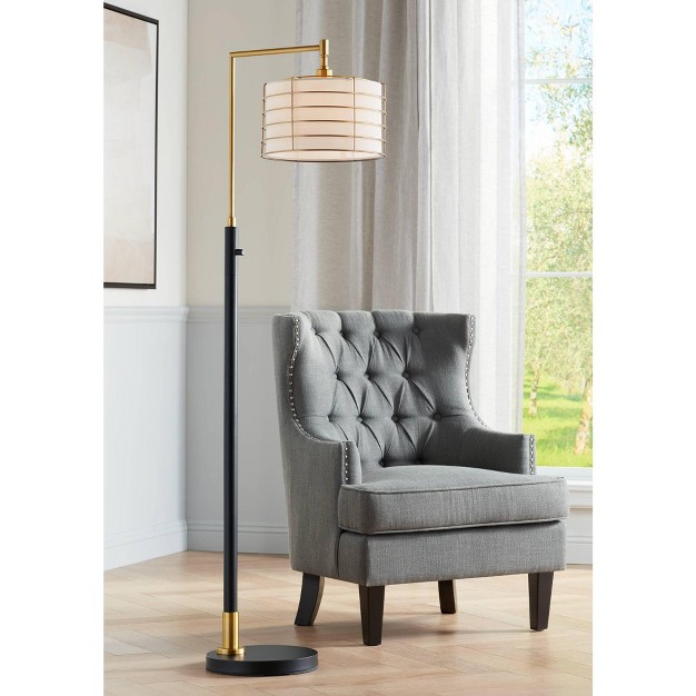 Tall Warm Gold Black Metal Cage Off white Linen Shade For Living Room Reading