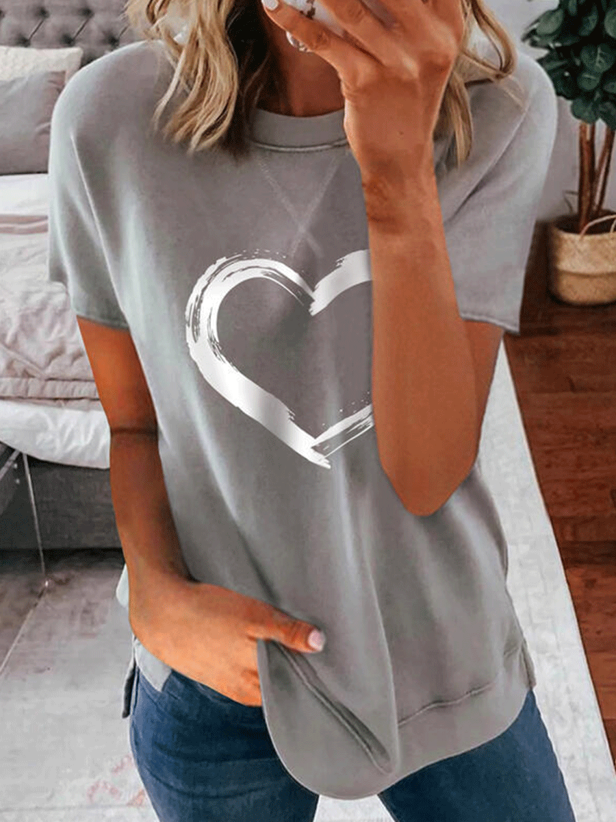 Heart-shaped Print Round Neck Short-sleeved Casual T-shirt