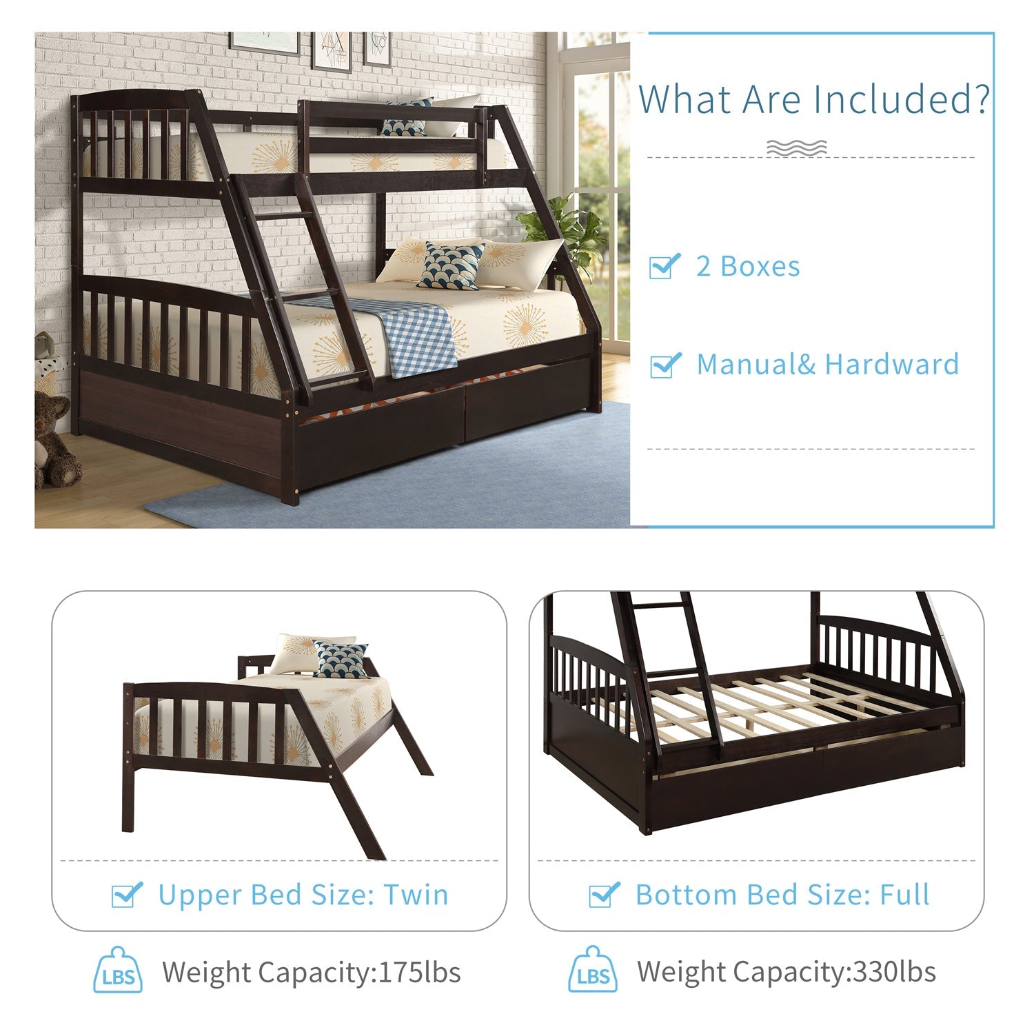 Twin Over Full Bunk Bed with Two Storage Drawers, Pine Wood Bed Frame and Ladder with Guard Rails for Toddlers, Kids, Teens, Boys and Girls, Espresso