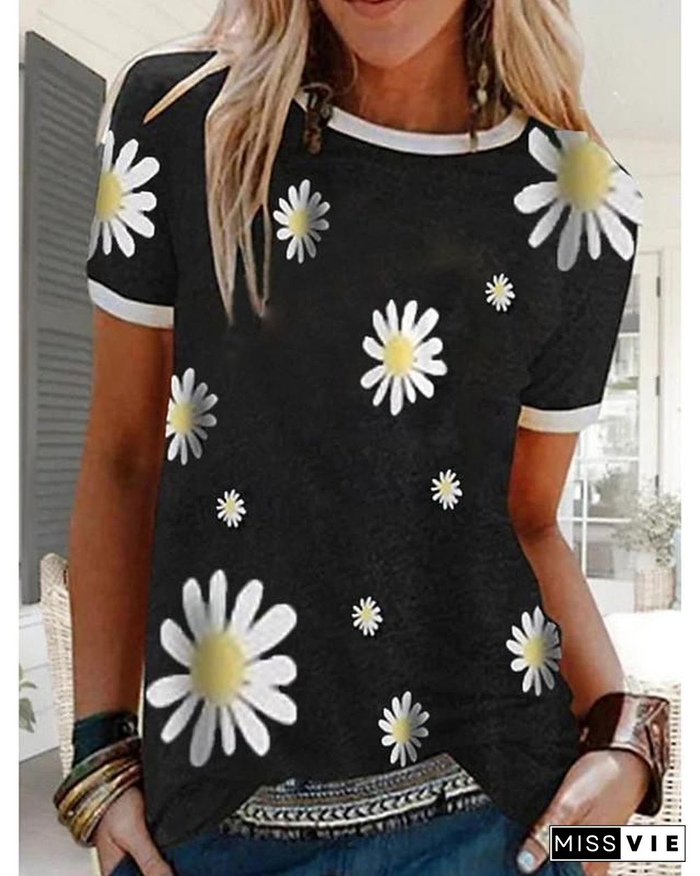 Women's T-shirt Floral Graphic Prints Flower Round Neck Tops Basic Top Black Blue Red