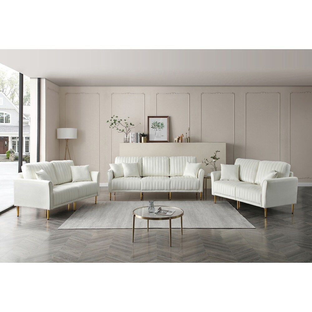 Cream Luxurious Velvet Sofa Set with Tufted Cushions (3 Seater + 2 Loveseat + 5 Pillows)