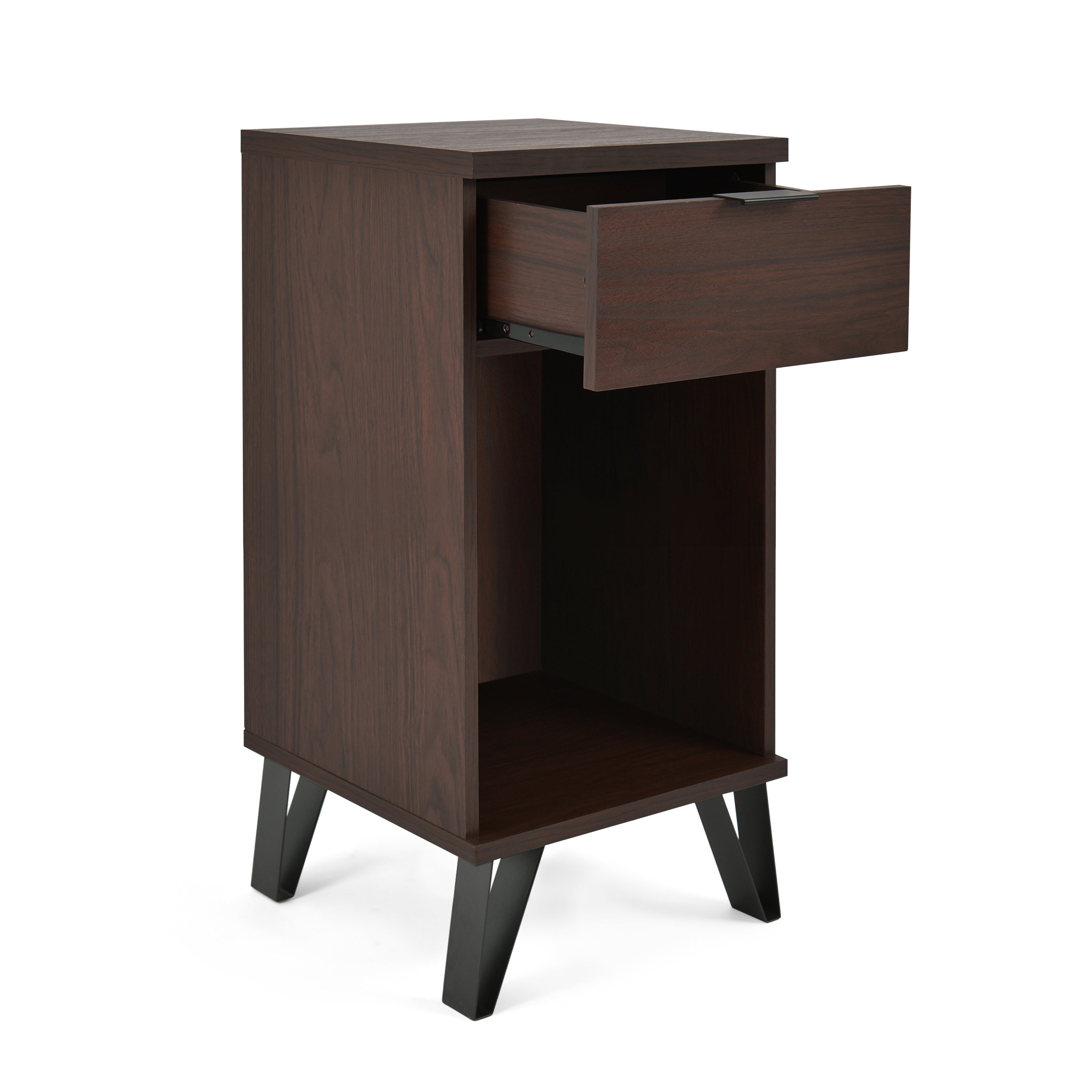 Demijen Modern Industrial Tall Nightstand with Drawer, Walnut and Matte Black