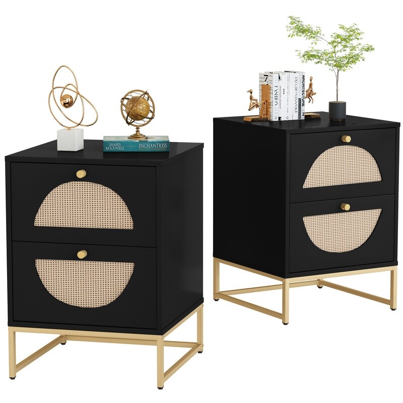 Modern Minimalism Rattan Nightstand  Wood Bedside Table with Two Drawers  Boho End Table  Side Table for Living Room  Bedroom