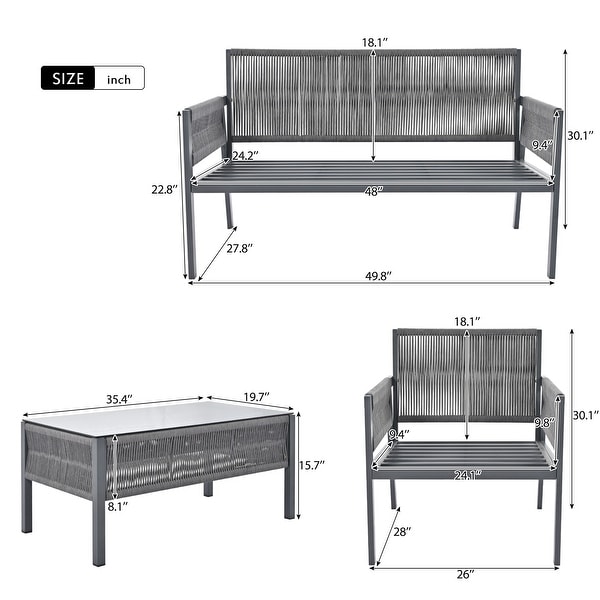 4Piece Rope Patio Outdoor Furniture Patio Conversation Set Deep Seating with Tempered Glass Table and Thick Cushion