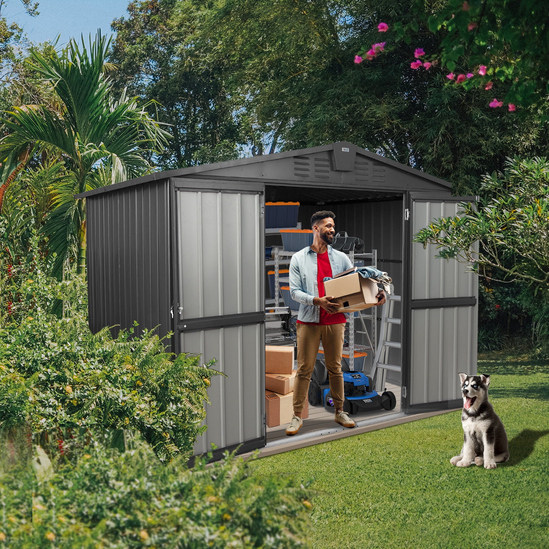 Domi Outdoor Storage Shed 8.2'x 6.2', Metal Garden Shed for Bike, Trash Can, Tools, Lawn Mowers, Pool Toys, Galvanized Steel Outdoor Storage Cabinet with Lockable Door for Backyard, Patio, Lawn