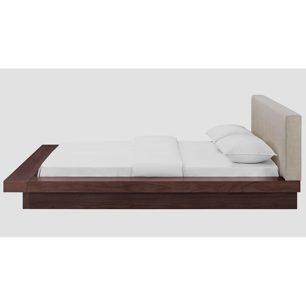 Halper Modern Queen Size Walnut Wooden Bed with Beige Fabric Upholstered Headboard and Two Nightstands - - 35892794