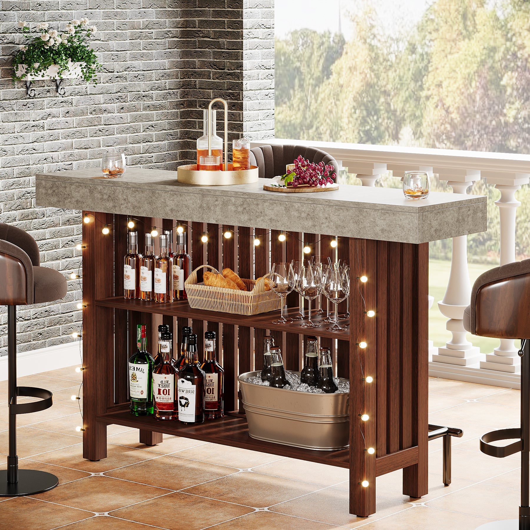 Home Bar Unit, Modern 2-Tier Bar Table with Footrest