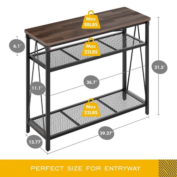 HOMOOI Console Sofa Table Industrial， 3-Tier Narrow Long Entryway Table with Mesh Storage Shelves， Spliced Woodgrain Top， 39.4