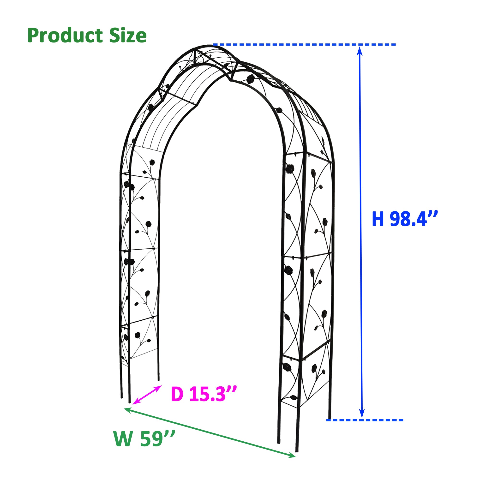 Garden Arch Trellis with Ground Stakes, Metal Archway for Climbing Plants, Black Yard Lawn Arbors and Trellises, 59"W X 15.3"D X 98.4"H