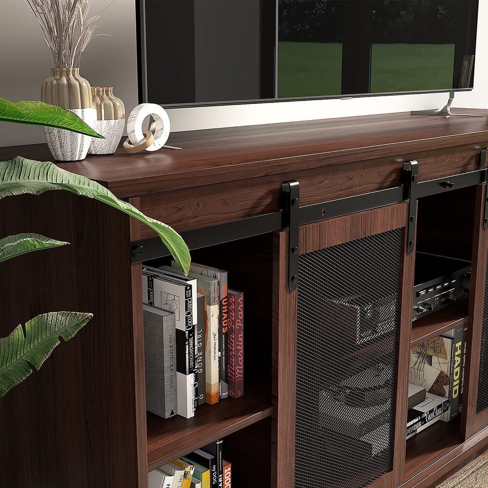 TV Stand up to 65 Inches  Modern Entertainment Center with Sliding Barn Doors and Storage Cabinets  Metal Media TV Table