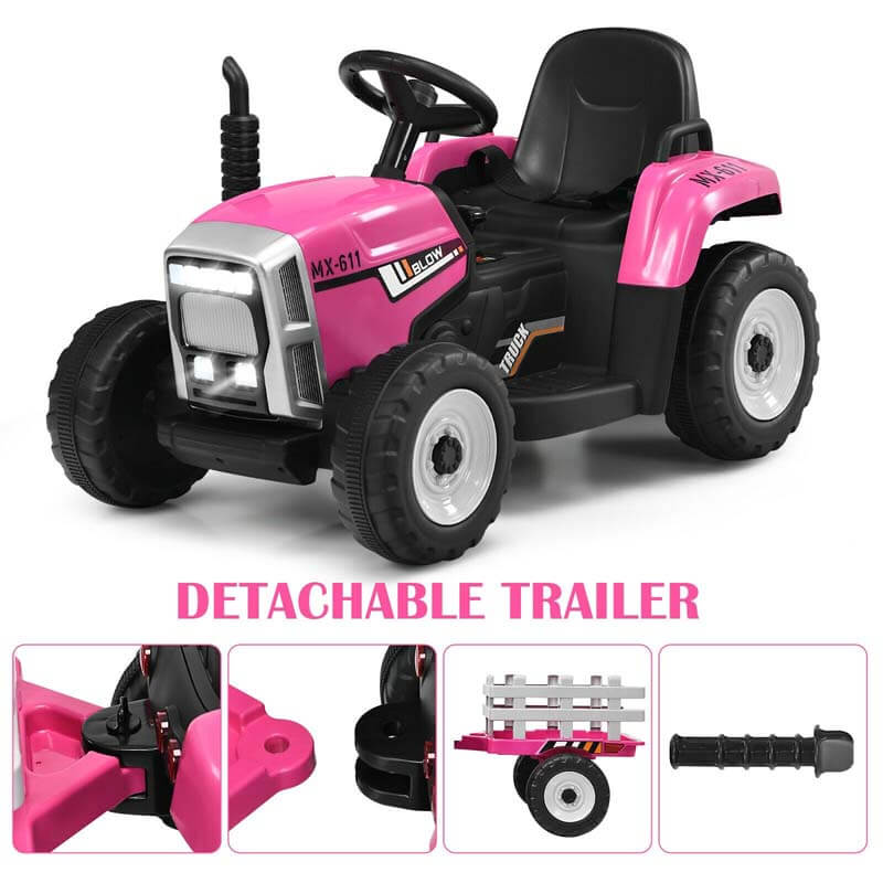 Kids Ride on Tractor w/Trailer 12V Battery Powered Electric Riding Toy Car Vehicle with 3-Gear-Shift Ground Loader