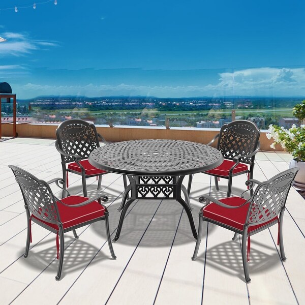 5/7Piece Cast Aluminum Outdoor Dining Set with 48.03 in. Round Table and Random Color Cushions