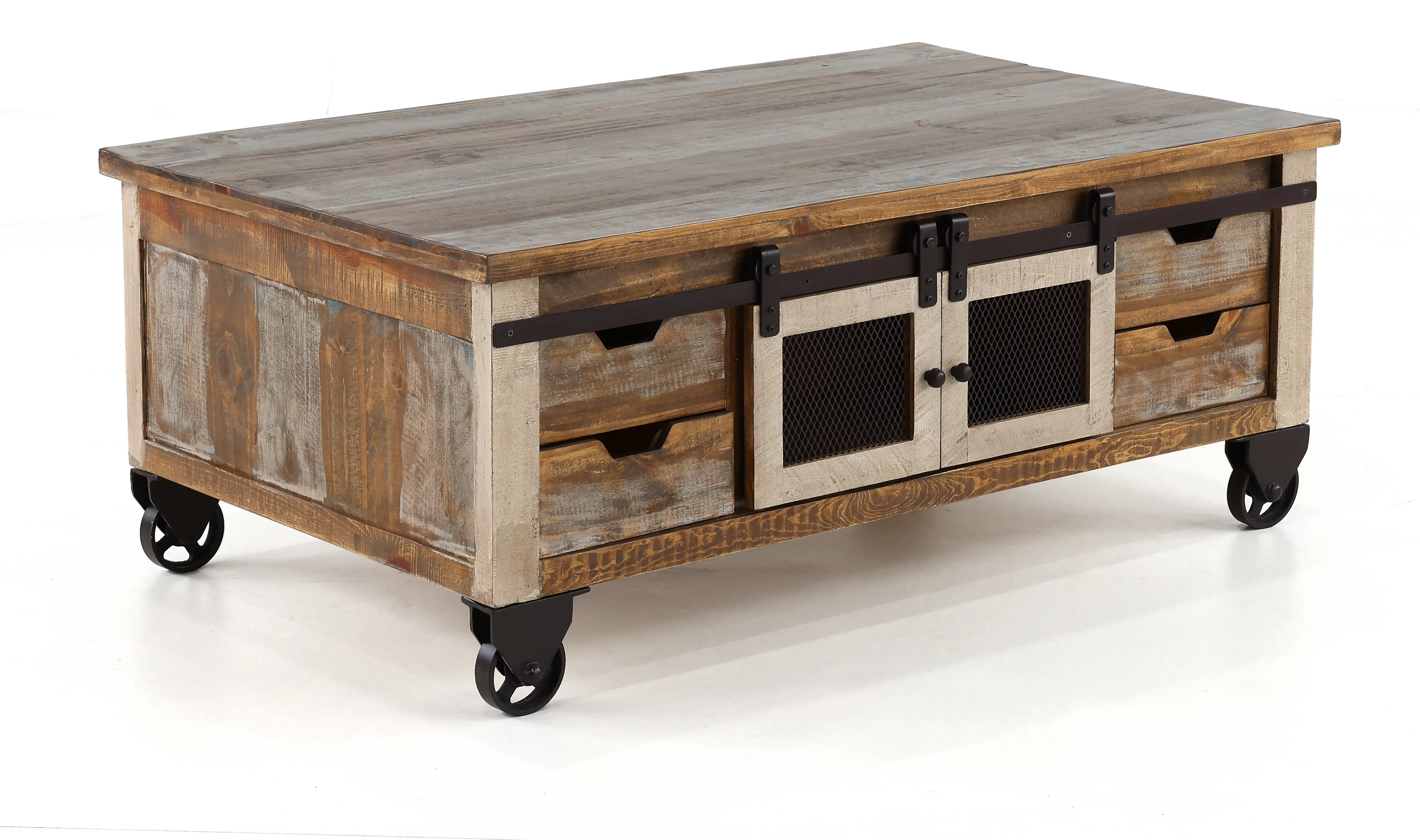 Antique Pine Rustic Pine Coffee Table with Iron Accents