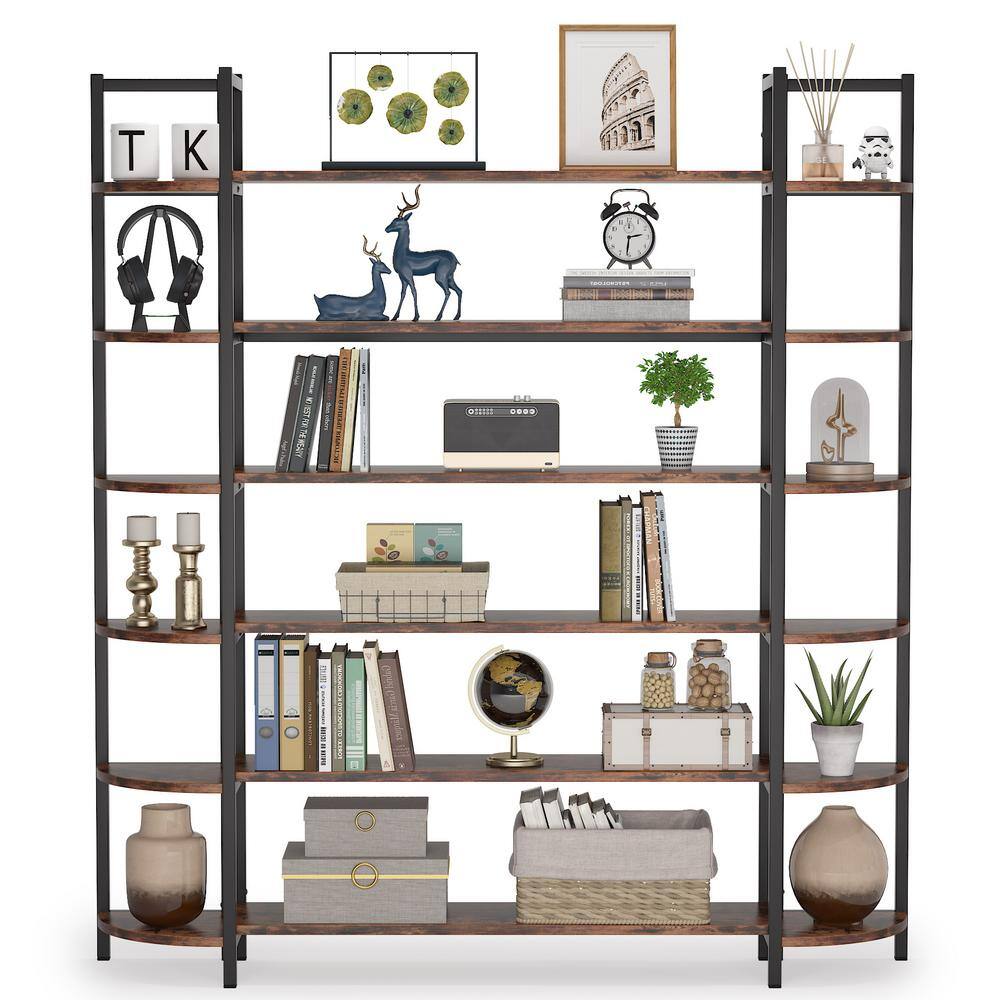 BYBLIGHT Alan 70.86 in. Brown Practical Board 6-Shelf Etagere Bookcase with Storage and Triple Wide Bookshelf Display Shelves BB-XX1235YY