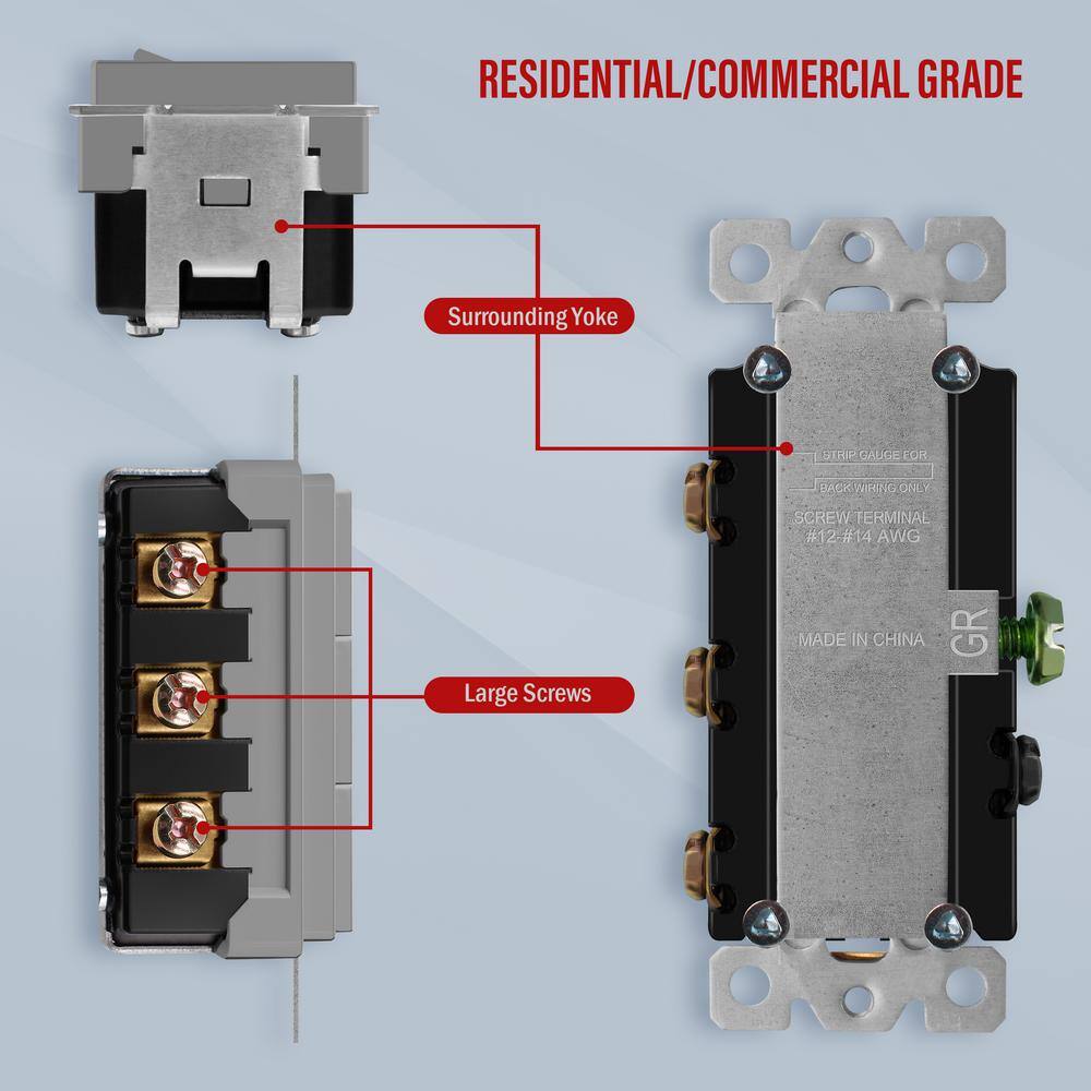 ENERLITES 15 Amp 120-Volt to 277-Volt Triple Paddle Rocker Decorator Light Switch Single Pole Residential Grade in Gray (3-Pack) 62755-GY-3PCS