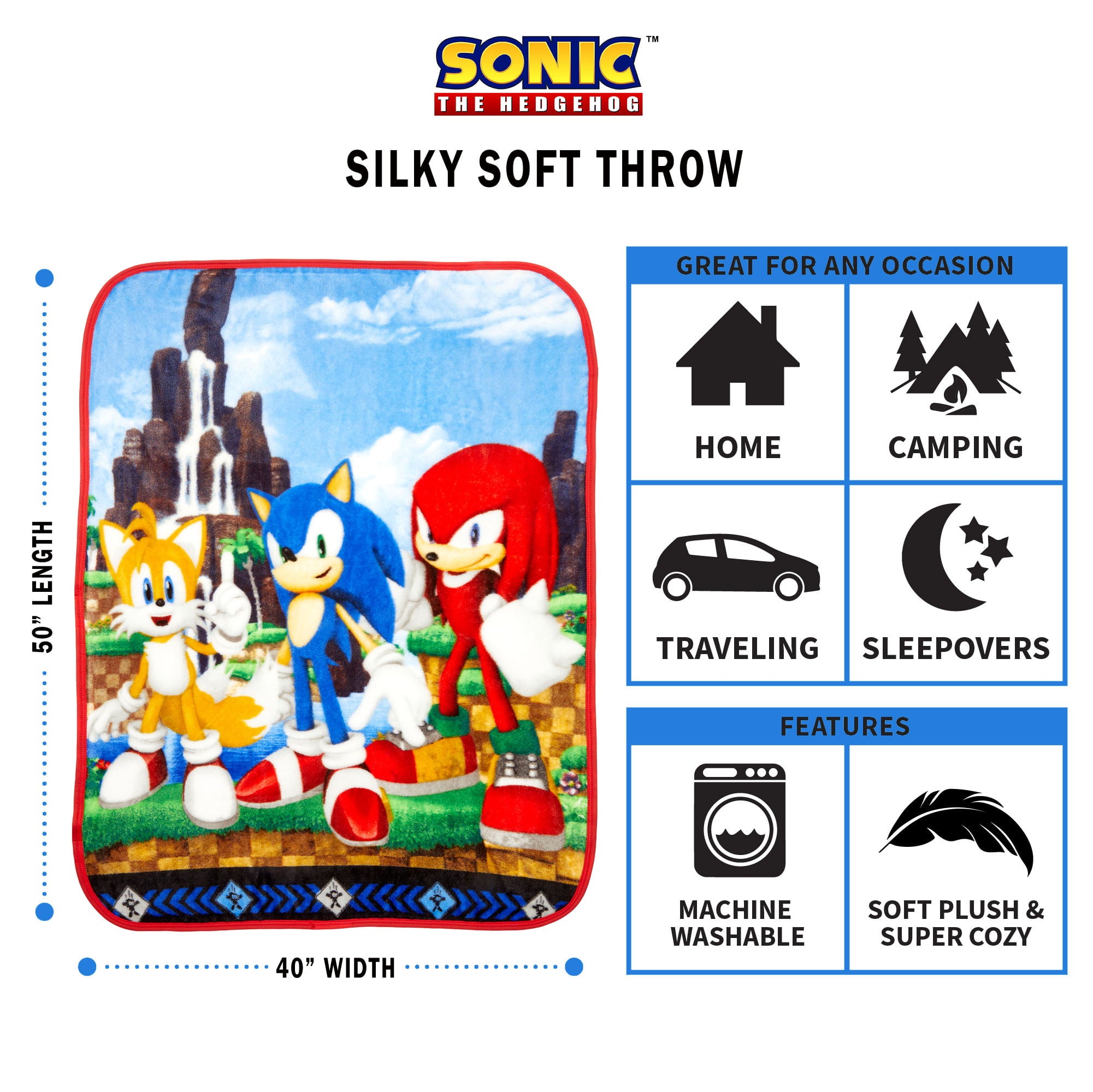 Sonic the Hedgehog Kids Silky Soft Plush Throw Blanket， 40x50， Gaming Bedding， Blue， Sega