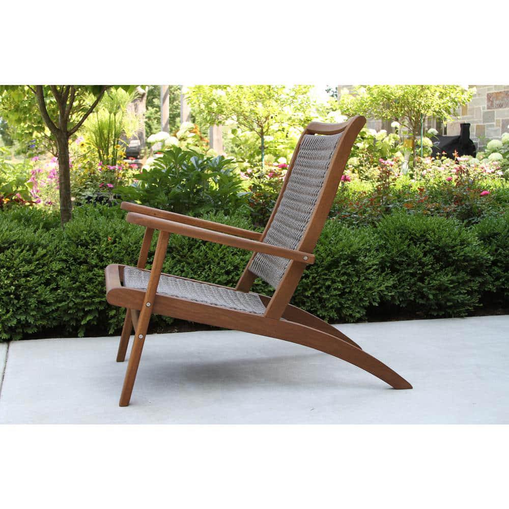 Brown Stained Weather Resistant Eucalyptus Wood Outdoor Lounge Chair with Grey Wicker