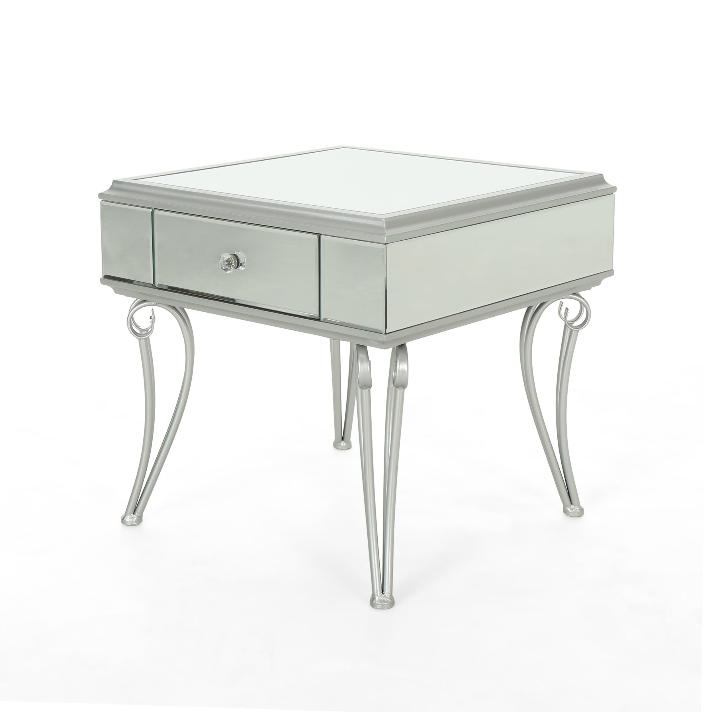 Mamie Modern Mirrored Accent Table with Drawer, Tempered Glass