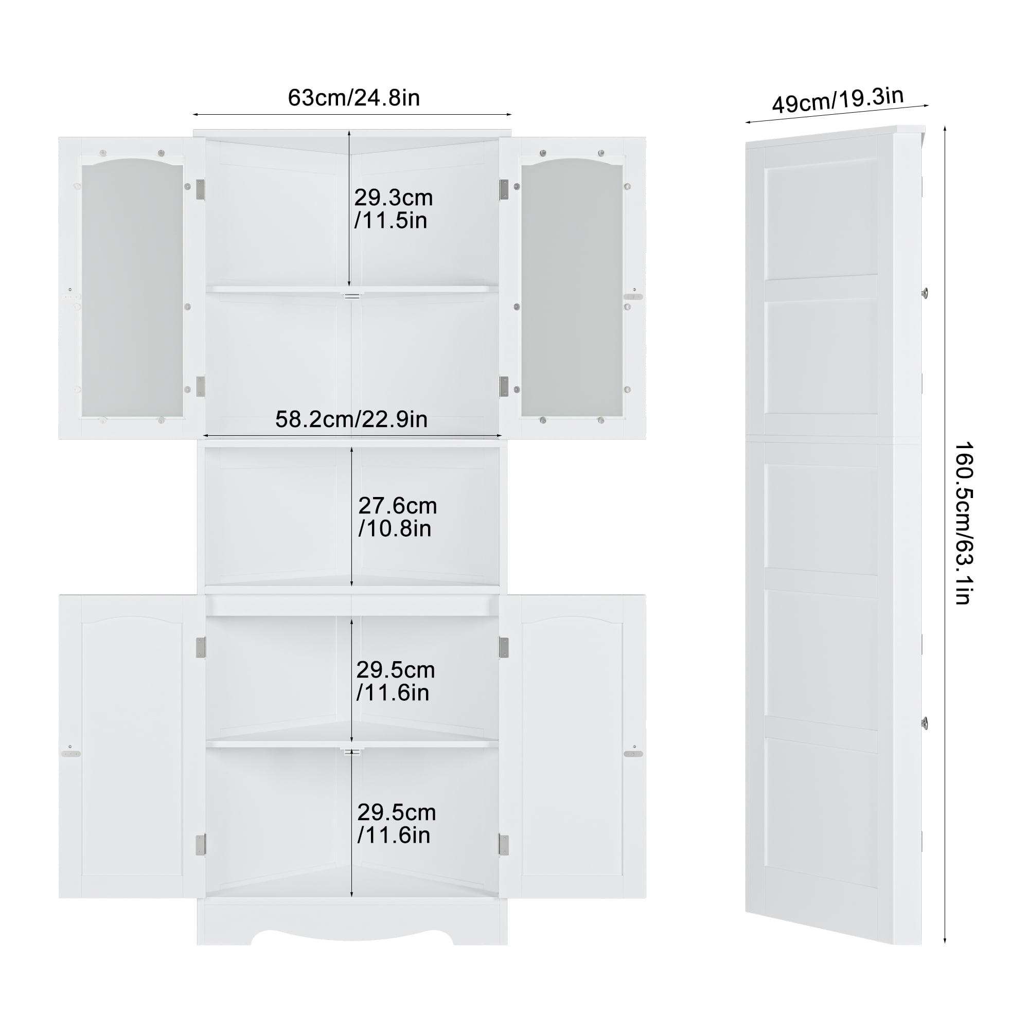 Homfa Corner Storage Cabinet, Wooden 4 Doors Linen Cabinet Cupboard for Bathroom, White