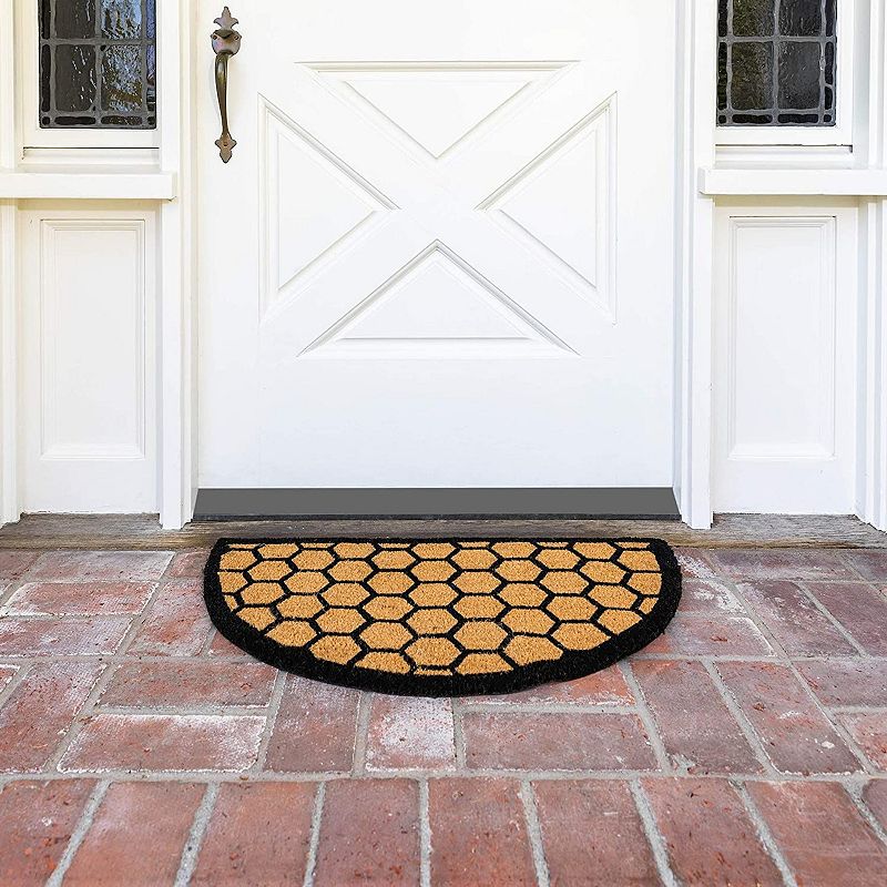 Half Round Natural Coir Nonslip Welcome Door Mat， Honeycomb Pattern (17 x 30 in)