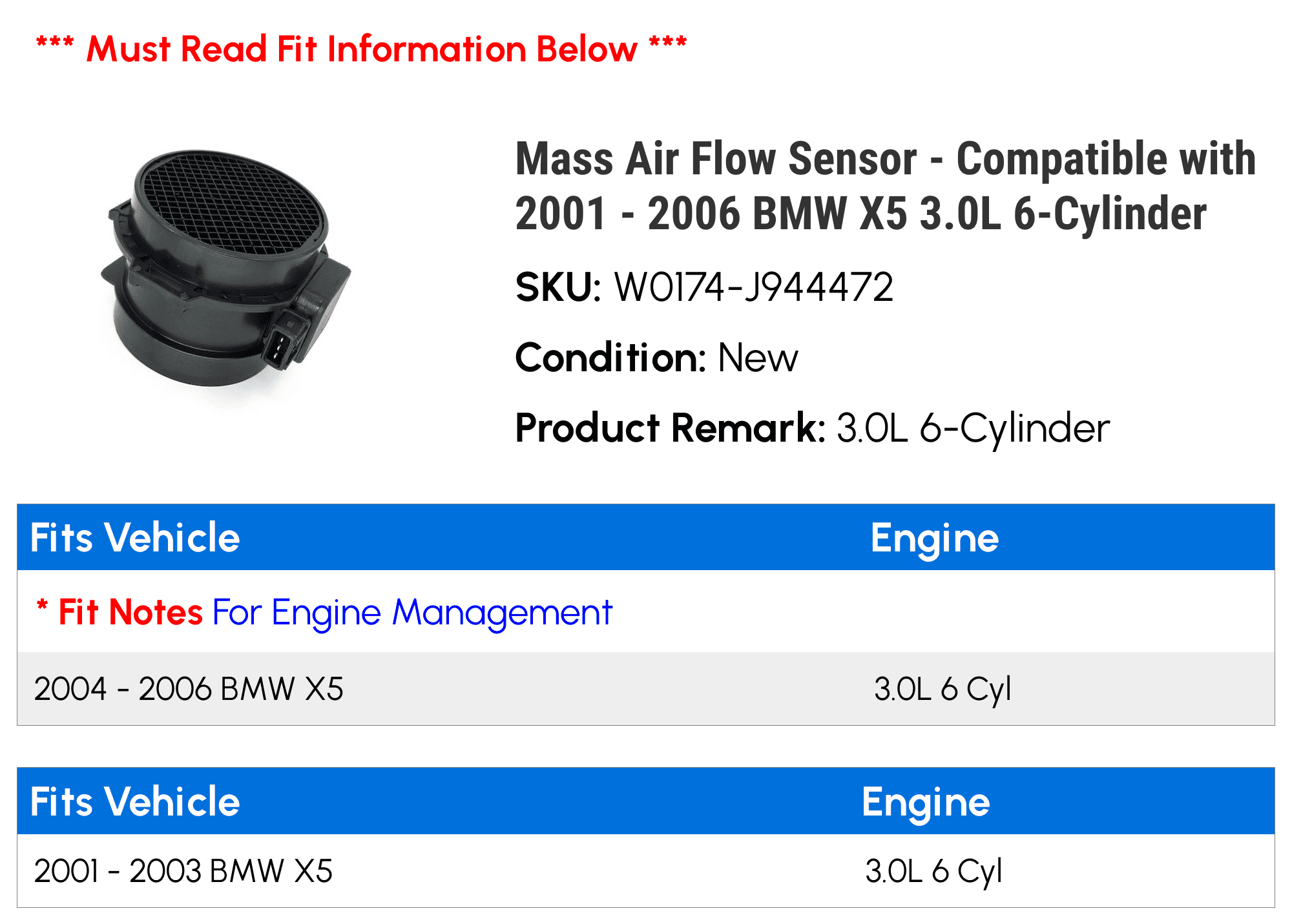 Mass Air Flow Sensor - Compatible with 2001 - 2006 BMW X5 3.0L 6-Cylinder 2002 2003 2004 2005