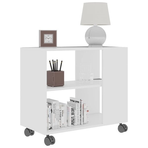 Movable Wood Side Table With Wheel with Storage Shelf in White