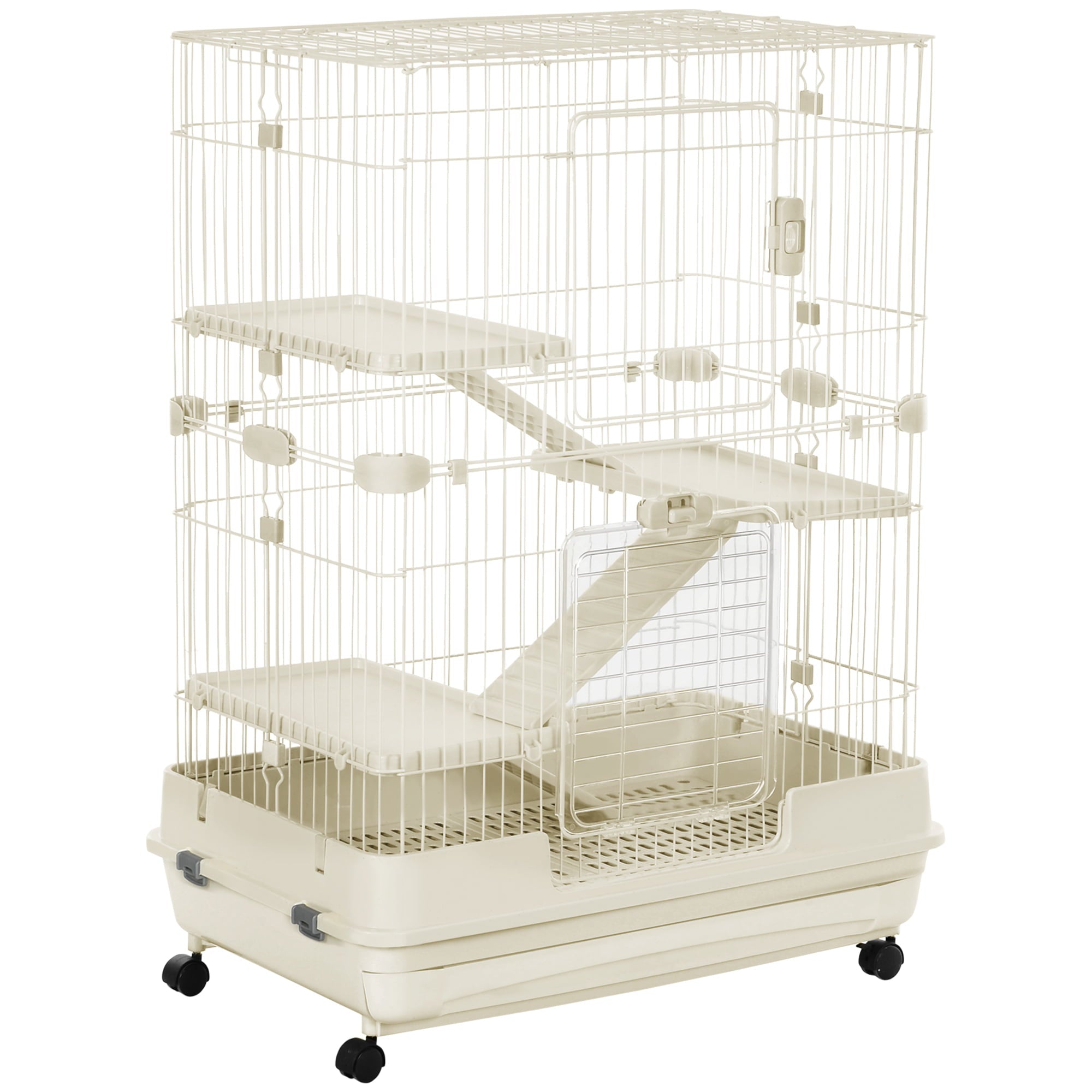 Pawhut L 4-Level Indoor Small Animal Cage Rabbit Hutch Multi Activity Exercise Centre with Universal Wheels Brakes Slide-out Tray - White