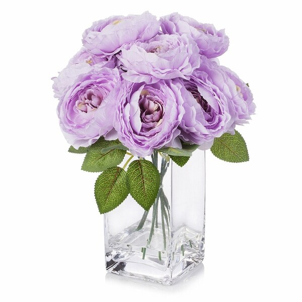 Enova Home Artificail Silk Peony Fake Flowers Arrangement in Clear Glass Vase with Faux Water for Home Office Decoration