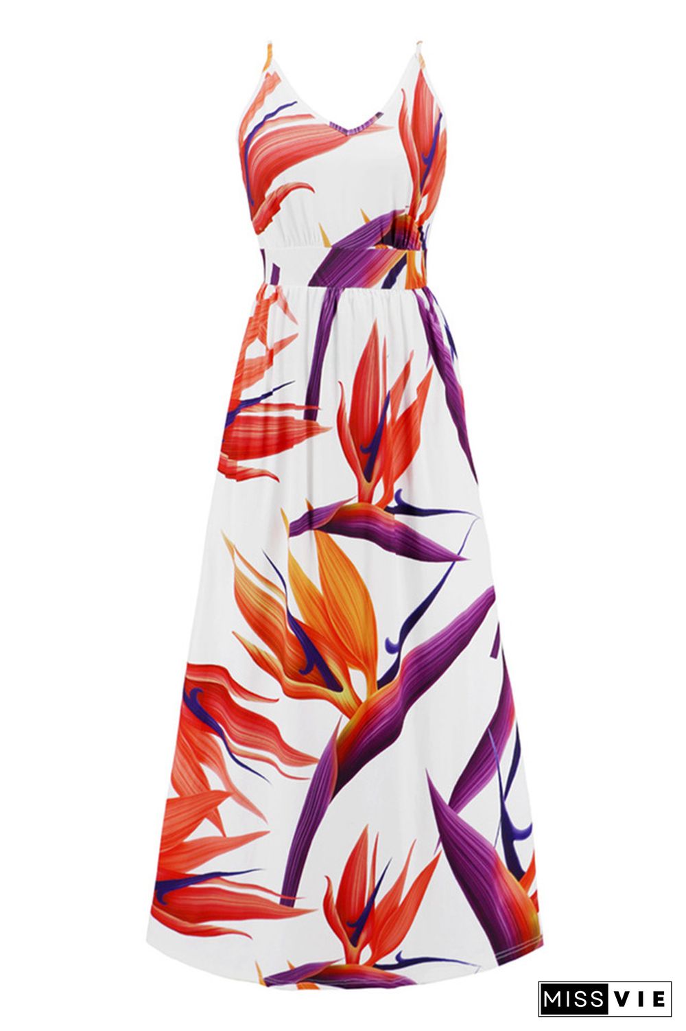 V Neck Floral Print High Waist Cami Maxi Dress