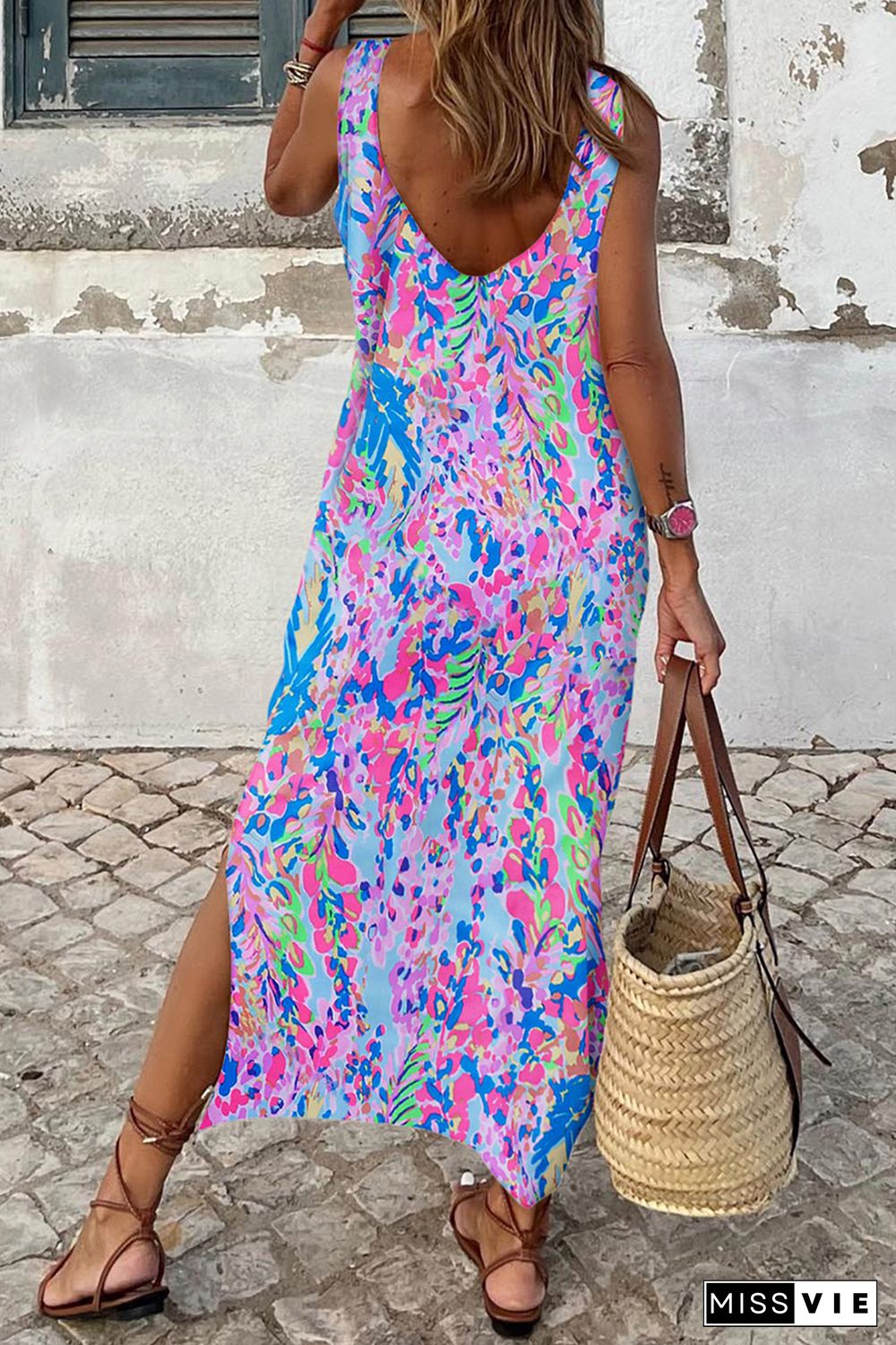 Purple Abstract Floral Print Sleeveless Maxi Dress