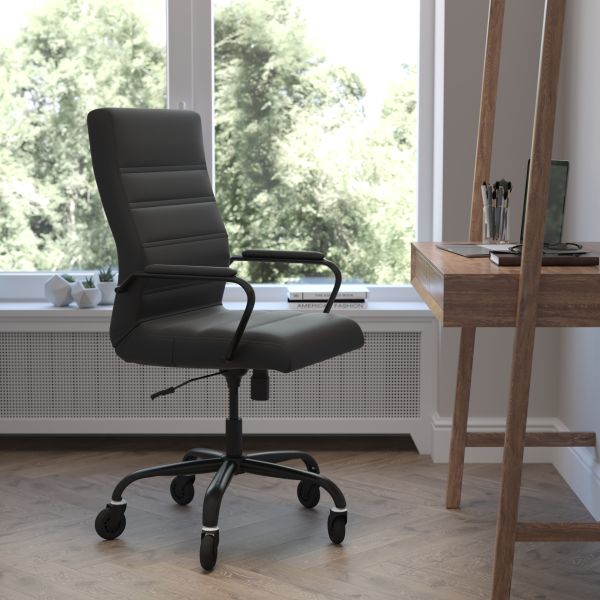 Whitney High Back Black LeatherSoft Executive Swivel Office Chair with Black Frame， Arms， and Transparent Roller Wheels