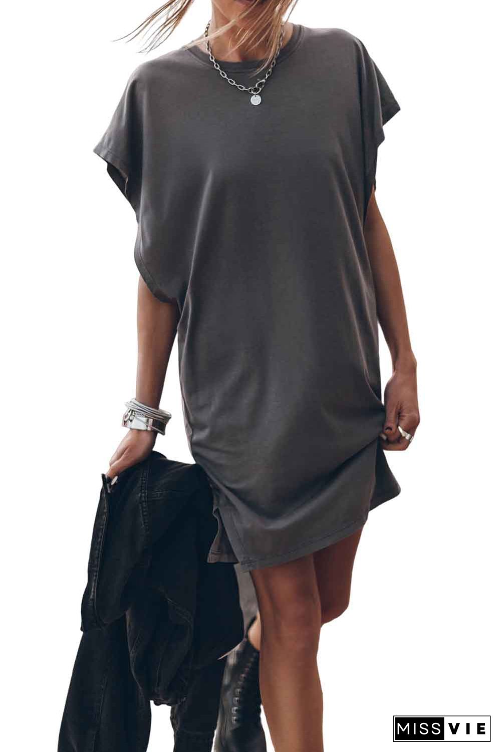 Gray Bat Sleeve T-shirt Dress with Slits