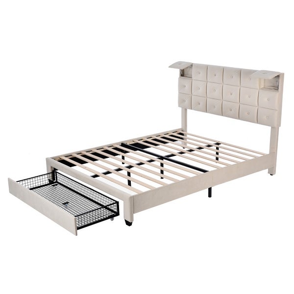 3-Pieces Bedroom Sets， Queen Size Upholstered Platform Bed with Two Wireless Chargers and Storage Drawer， Two Nightstands - - 38053325