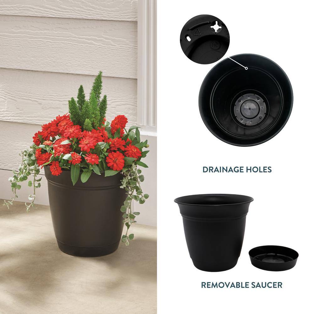 Vigoro 20 in. Mirabelle Large Black Plastic Planter (20 in. D x 17 in. H) with Drainage Hole and Attached Saucer ECA20000G18