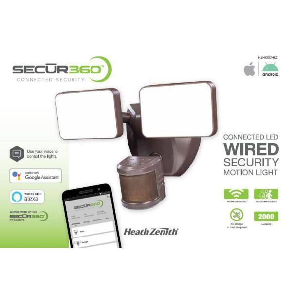 SECUR360 2000 Lumens LED Motion Sensor Wi-Fi Connected Voice Activated Wired Twin Head  Bronze Outdoor Security Flood Light HZ-9302-BZ