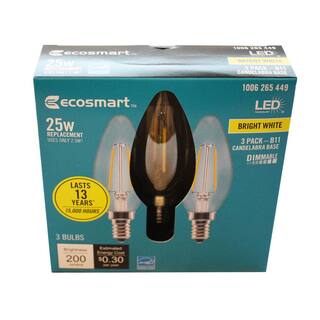 EcoSmart 25-Watt Equivalent B11 Blunt Tip Dimmable E12 Candelabra Clear Glass LED Vintage Edison Light Bulb Bright White (3-Pack) FG-04190