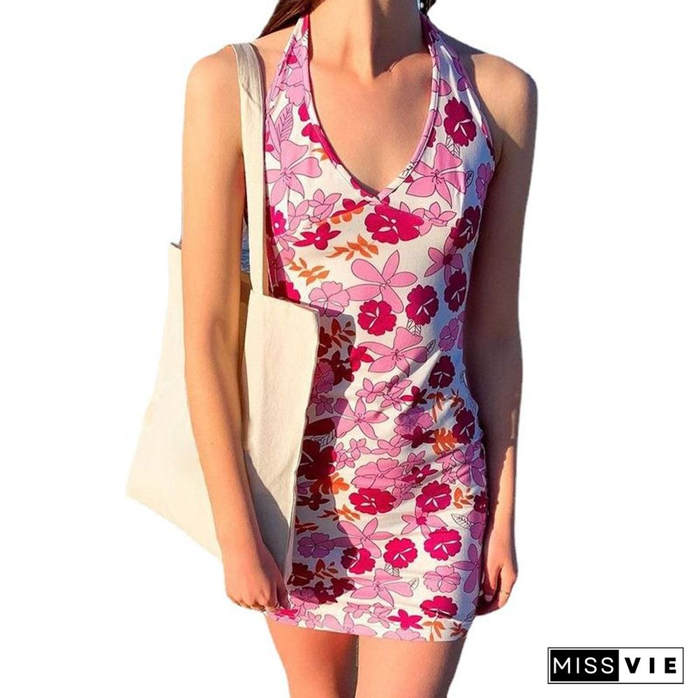 Hibiscus Garden Peony Flowers Hawaiian Floral Print V Halter Neck Bodycon Dress