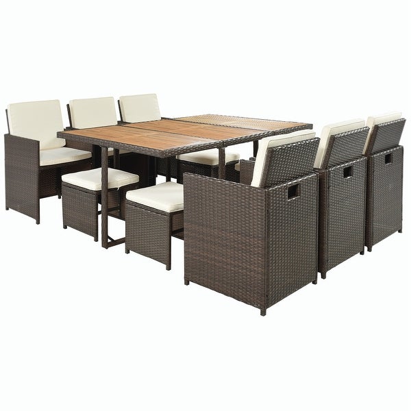 11-Piece Patio All-Weather PE Wicker Dining Table Set with Wood Tabletop - Overstock - 37363861