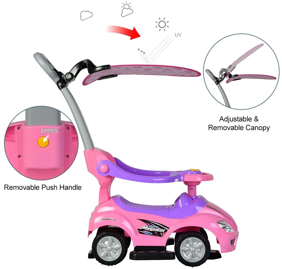 ChromeWheels 3 in 1 Ride on Toys Pushing Car with Removable Sun Visor Pink