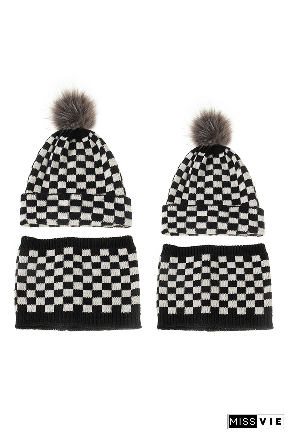 Black White Red Plaid Parent-child Knitted Hat & Scarf 4pcs Set Wholesale MOQ3pcs